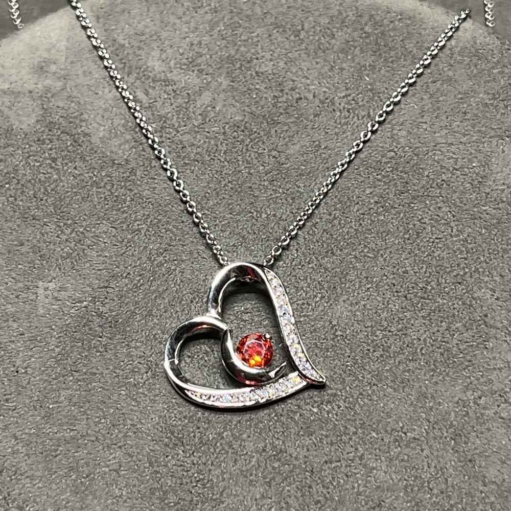 Heart Pendant Sterling 925 Silver Open Heart CZ Accents Deep Orange Gem Stone